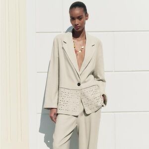 Zara Linen Blend Embroidered Oversized Blazer— New!